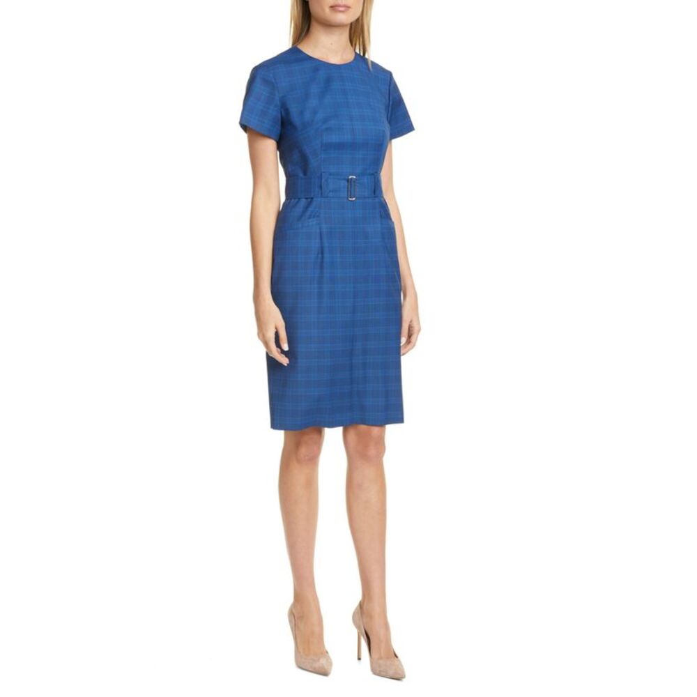BOSS Womens Blue Belted Plaid Short Sleeve Above The Knee Sheath Dress 2